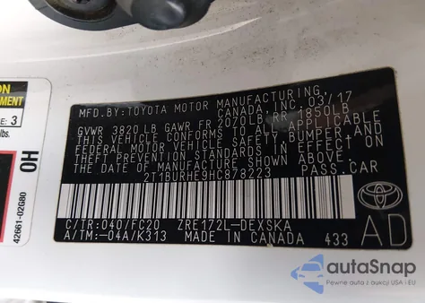 2017 Toyota Corolla Se из США, поврежденный, VIN 2T1BURHE9HC878223